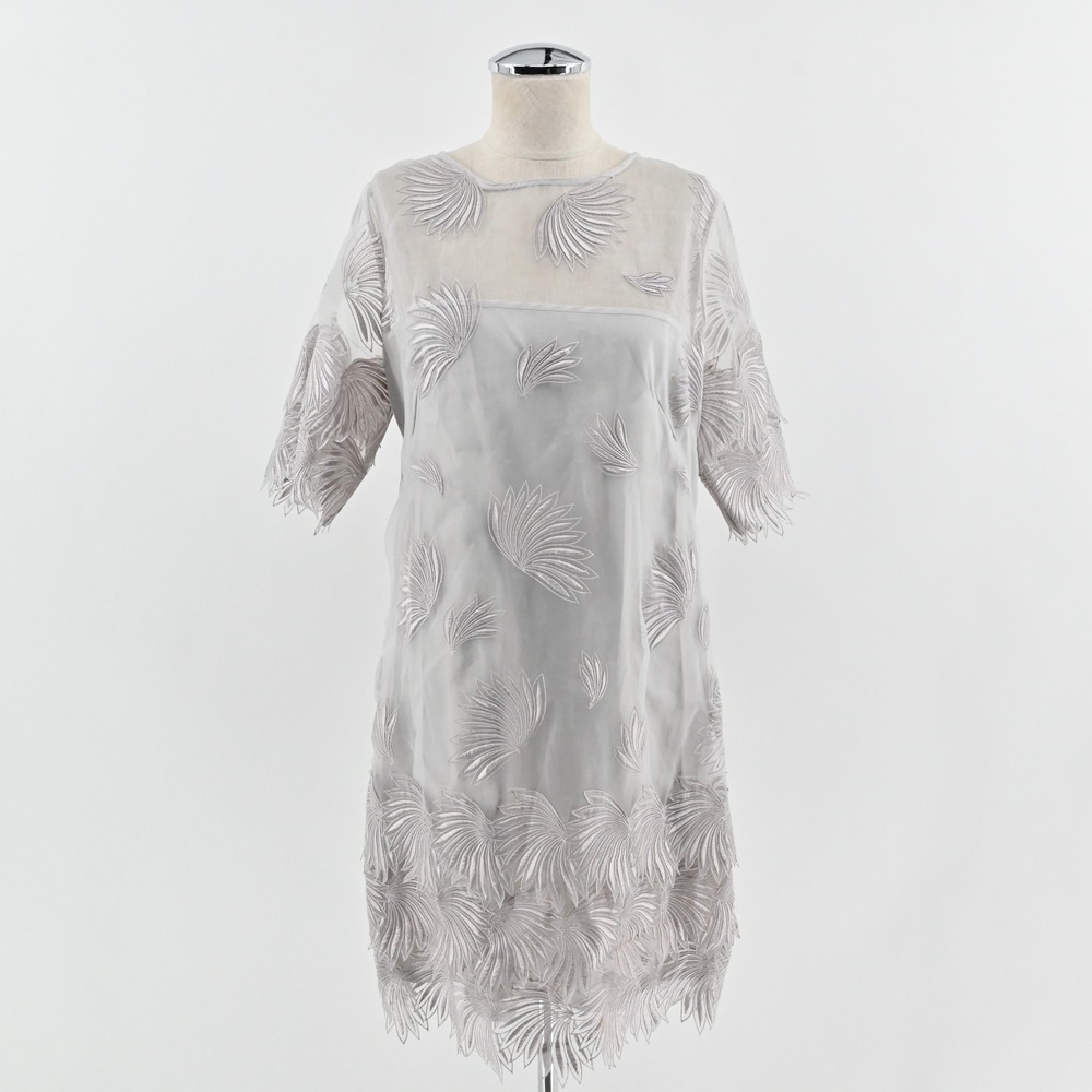Yoana Baraschi‎ Cocktail Dress Size 8 Gray Sheer Overlay Floral Embroidered